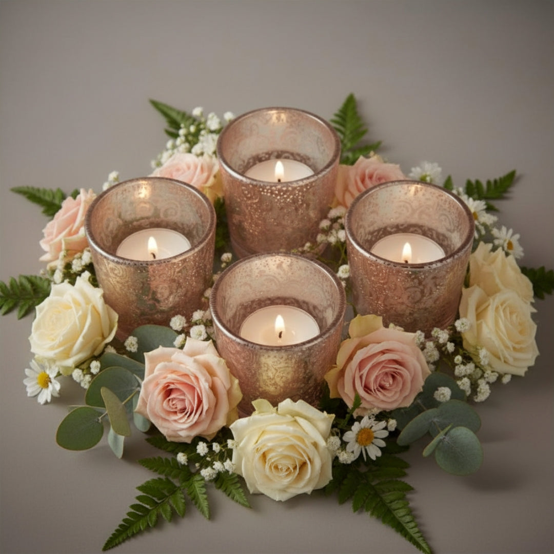 Etched Orange Glass Votive Candle Holders - Elegant Small Set of 4