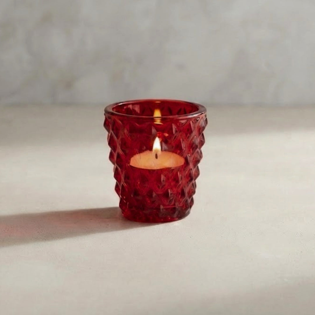 Red Diamond-Cut Glass Tea Light Votive Holder-SINGLE PC