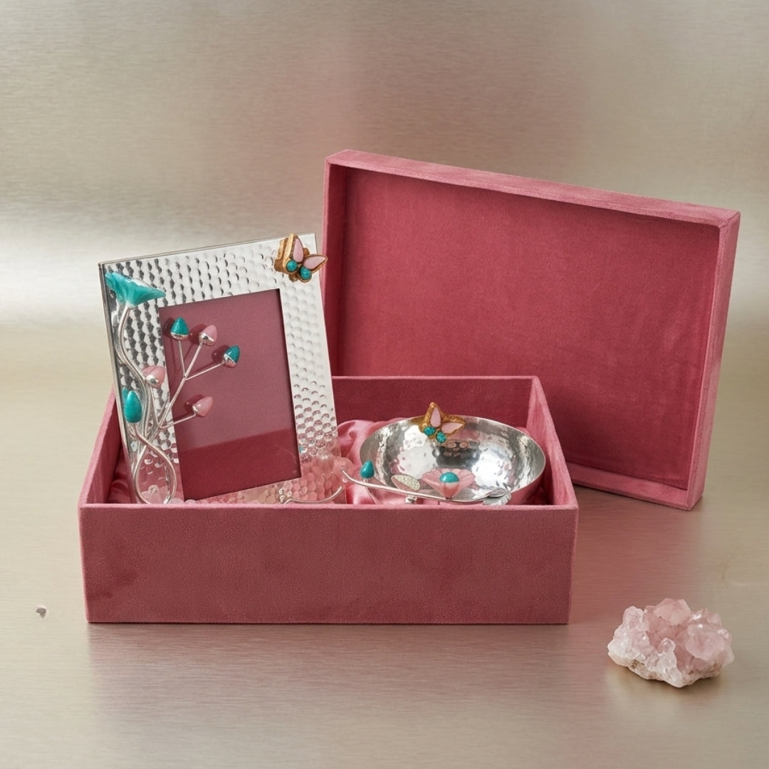 Silver-Plated Photo Frame & Bowl Set with Pink & Green Floral Motifs