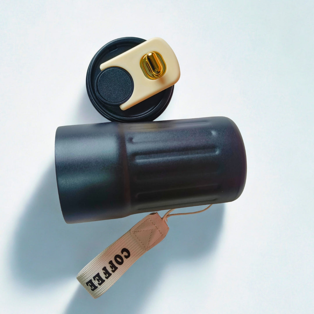 Black Stainless Steel Temperature Measure Sipper With Golden Capsule Knob