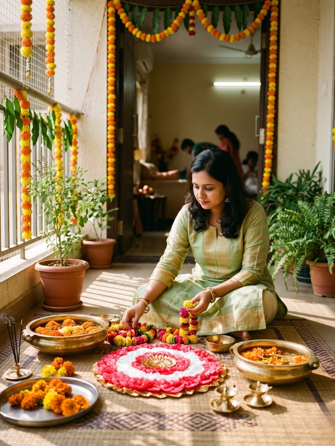Handmade Red & White Floral Puja Asan Mat / rangoli with Gold Center Single