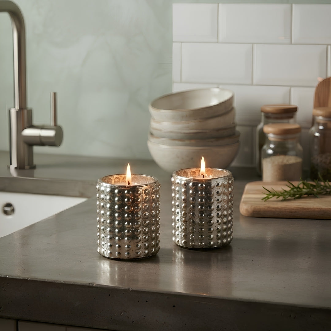 Silver Dotted Glass Votive Candle Holders - Scented Wax Set (Set of 2)