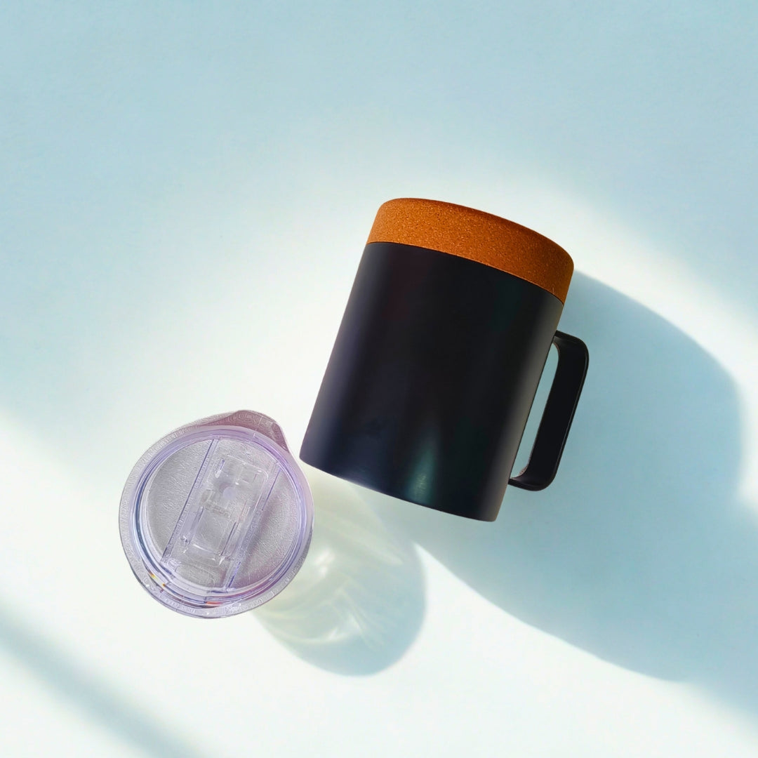 Black Stainless Steel Mug With Cork And Plastic Lid