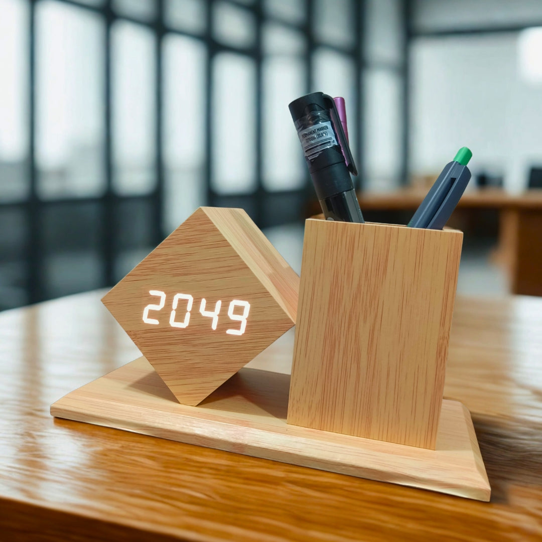 Wooden Cube Of Penstand With Digital Clock