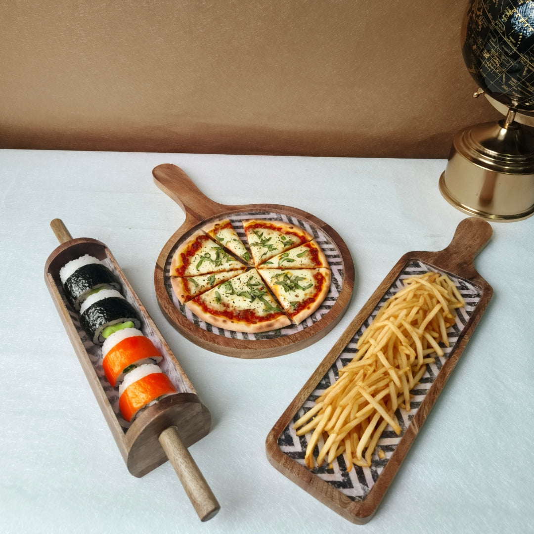 Chevron print & enameled Wooden Khatiya Platter Set of 3 - belan platter , bat platter , pizza platter