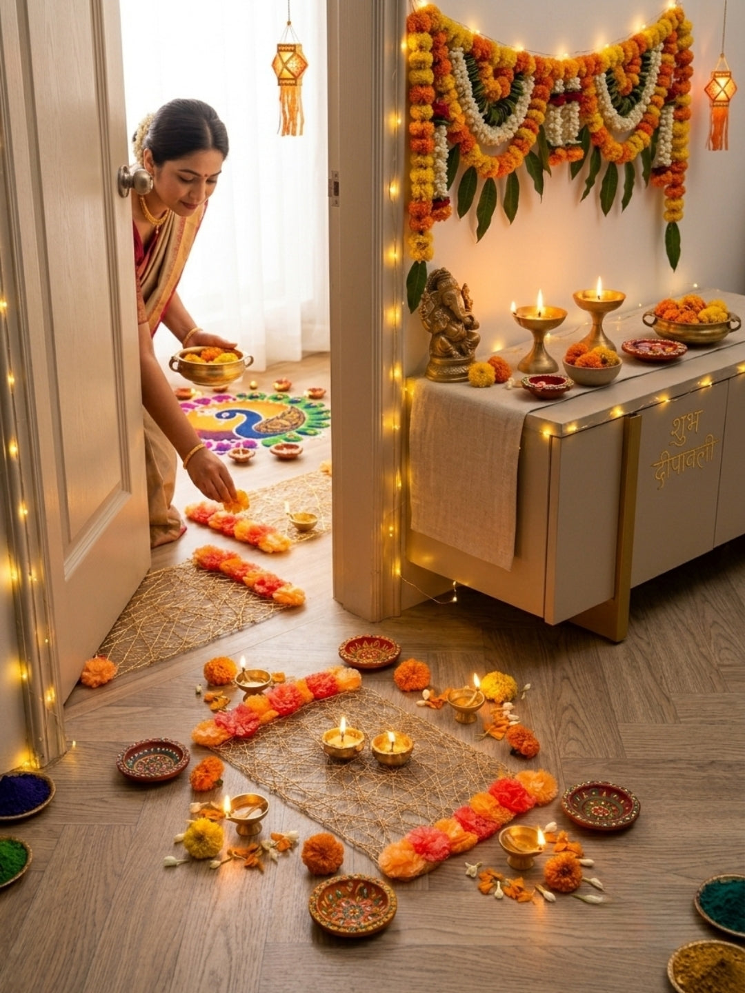 Handmade Gold Wire Mesh Table Runner & Mat / rangoli Set of 3