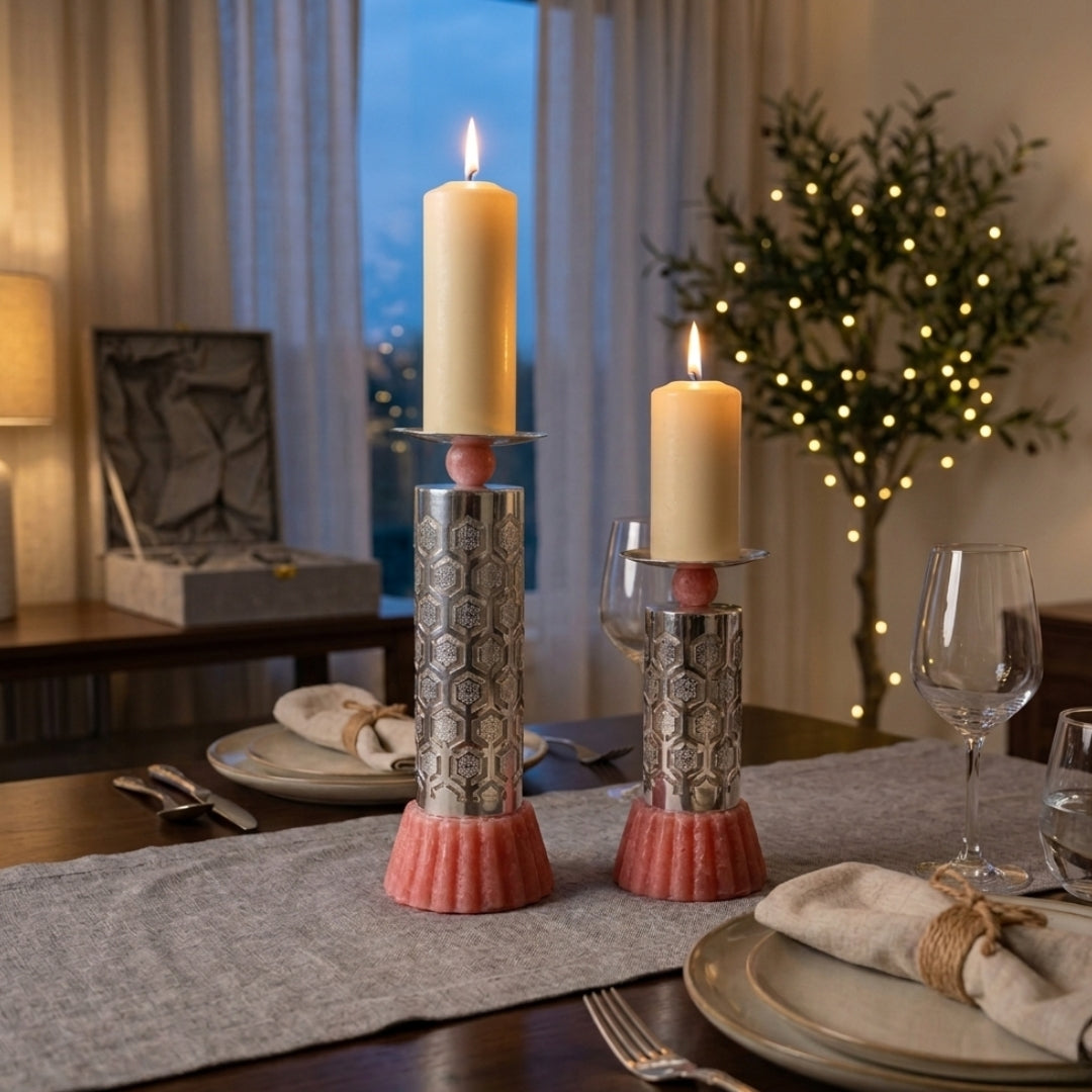 Luxury Silver Plated Pillar Candle Holder Set of 2 in Premium Pink Velvet Box