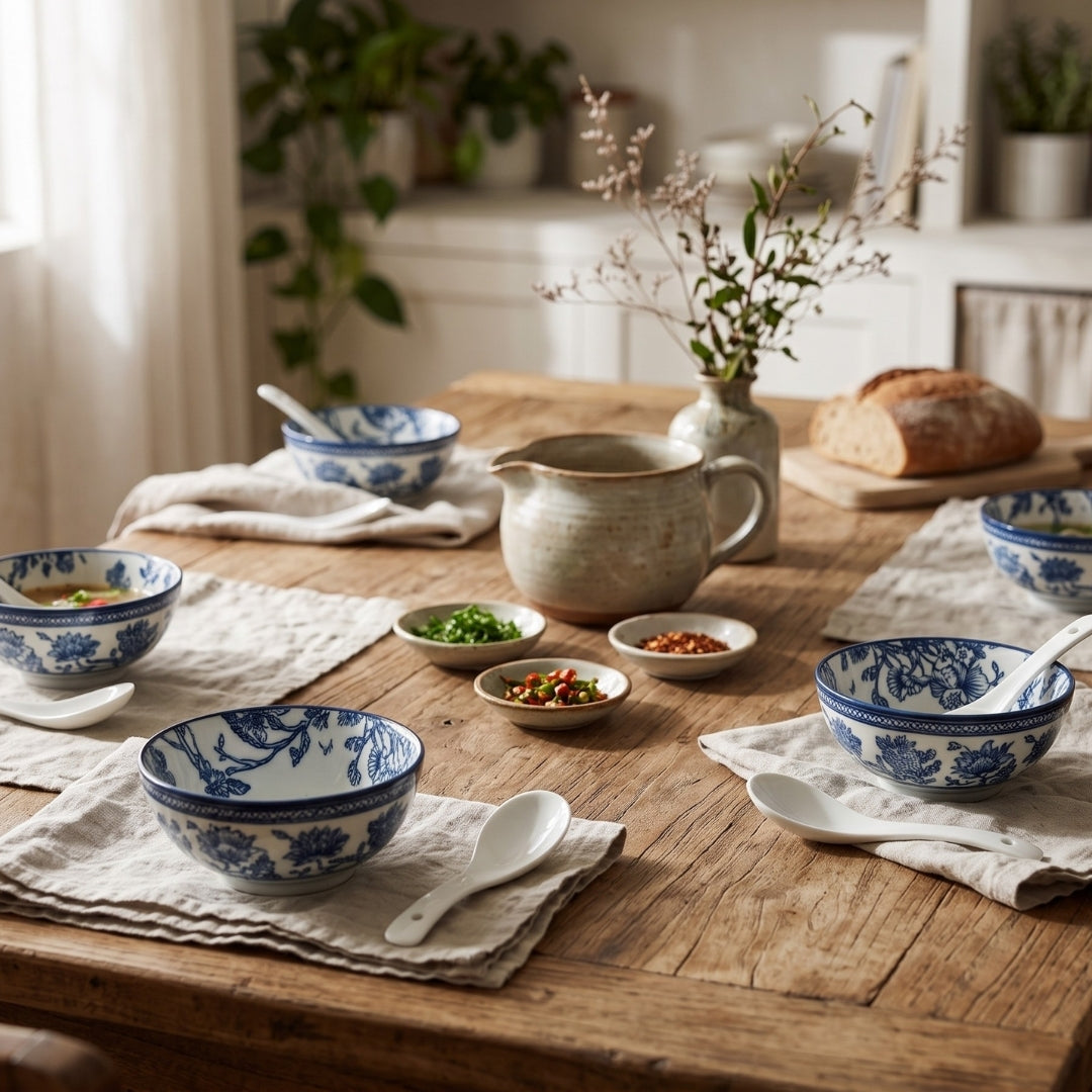 12 Pcs Blue & White Floral Ceramic Soup Bowl Set