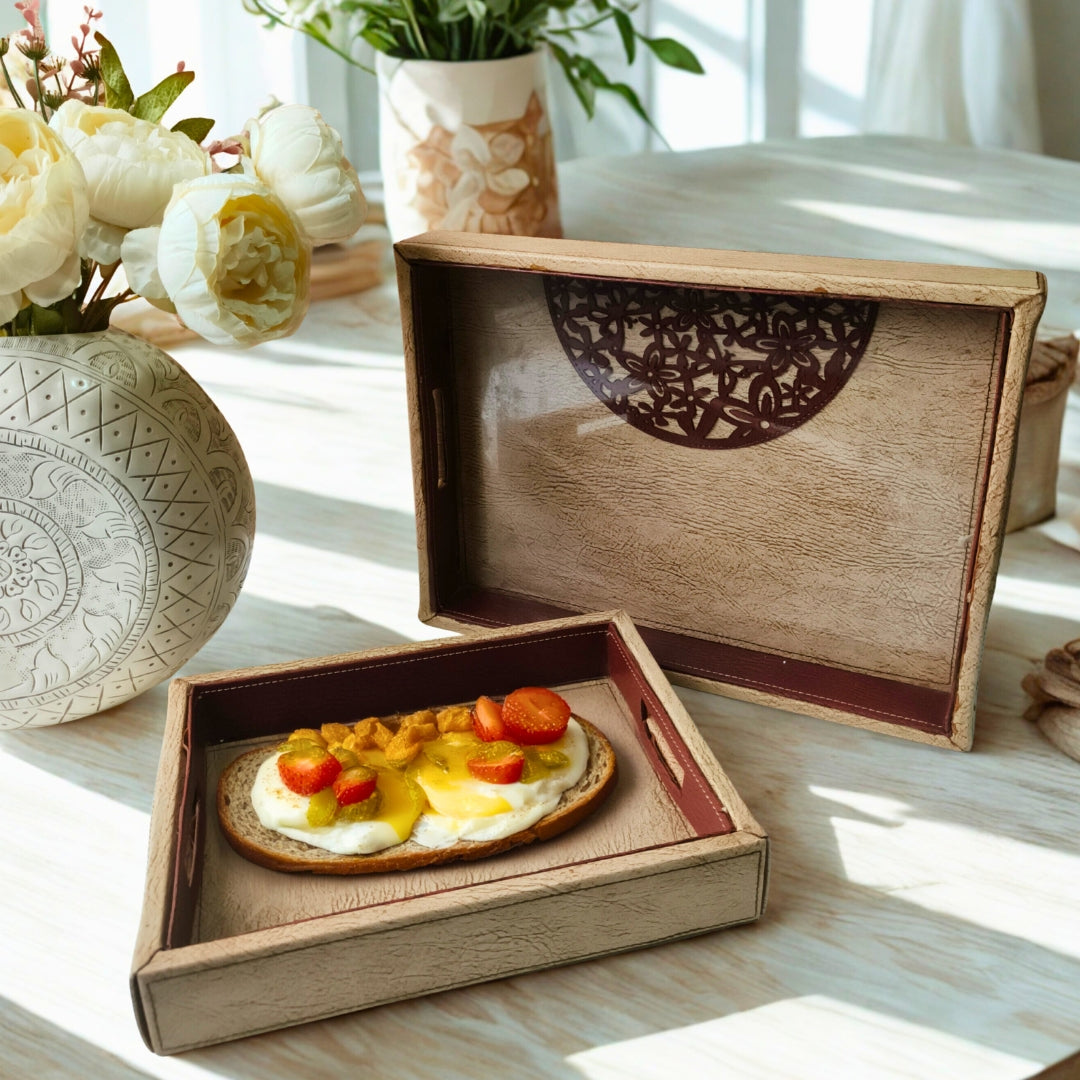 Brown Rectangle Leather Tray set of 2