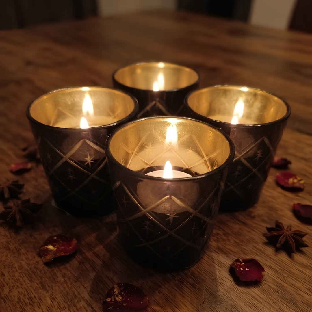 Etched Black Glass Votive Candle Holders - Elegant Small Set of 4