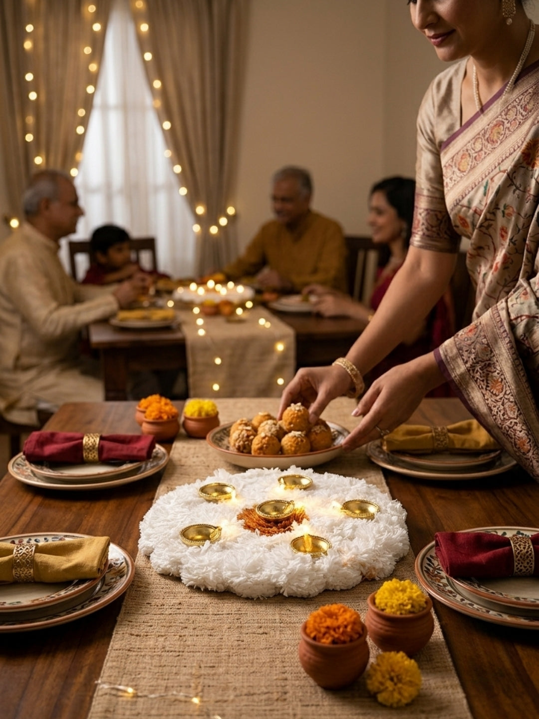 Handmade White Floral Puja Mat / rangoli with Golden Led Diya Holders Single