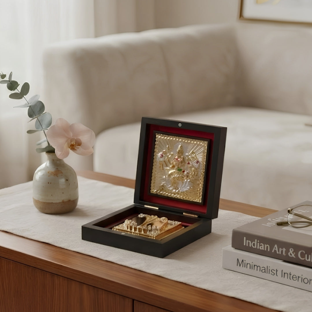 Gold & Silver Plated Charan Paduka & Laxmi Frame Gift Box