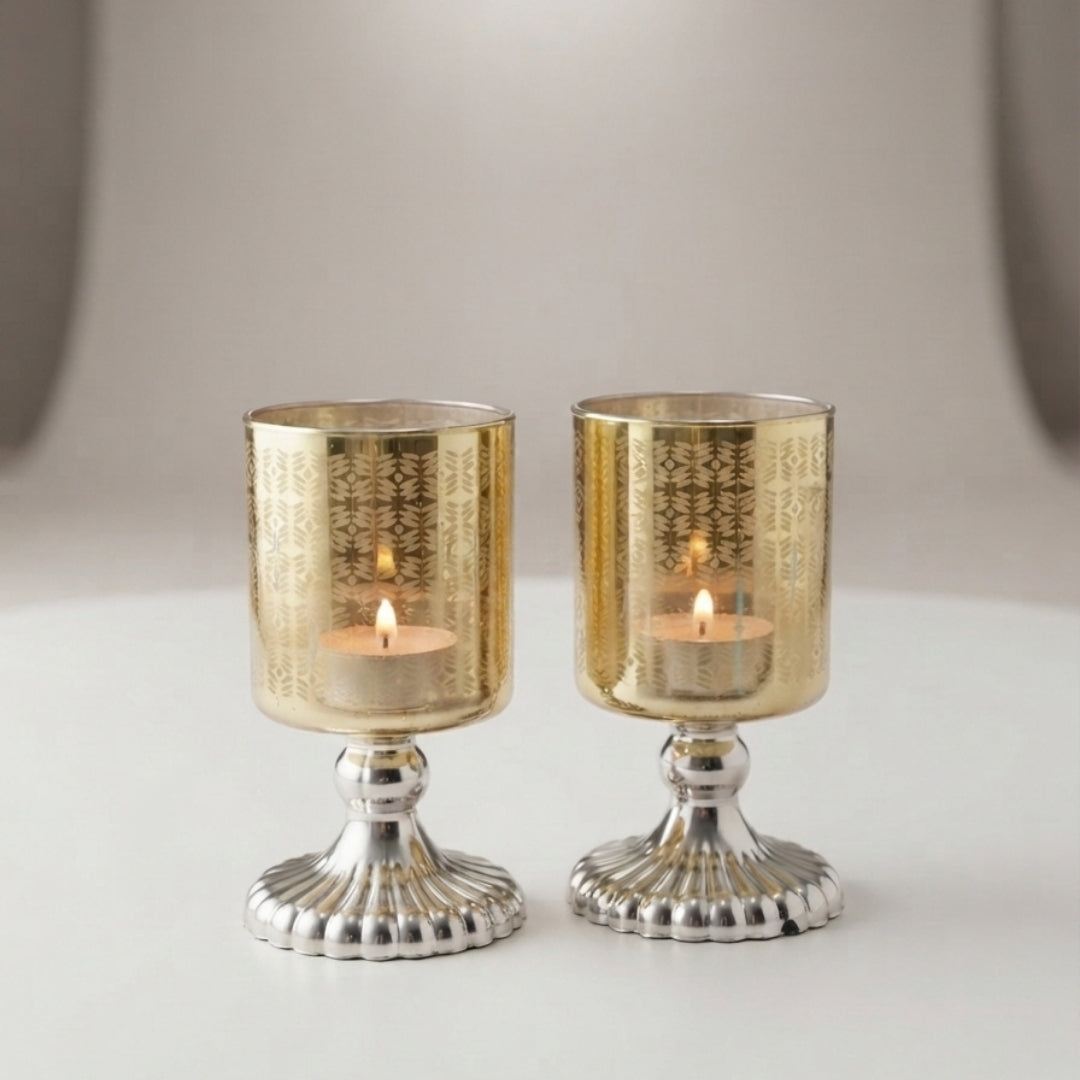 Set of 2 Yellow Leaf-Etched Glass Pedestal Tea Light Holders
