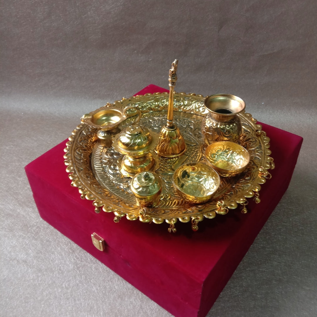 Gold Plated Complete Pooja Thali Set in Red Velvet Box for Sacred Worship