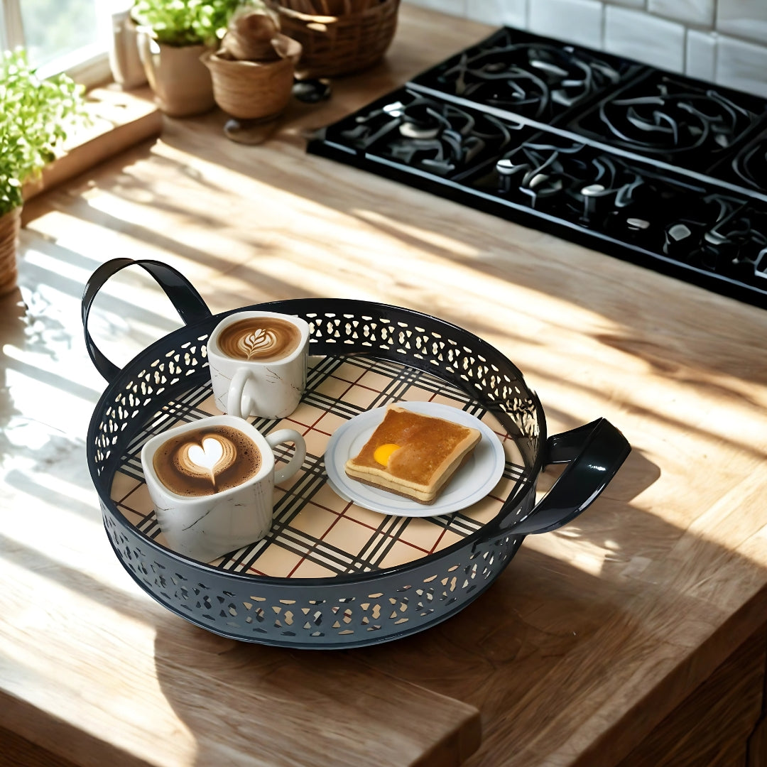 Checks Print Metal Tray With Handle Large