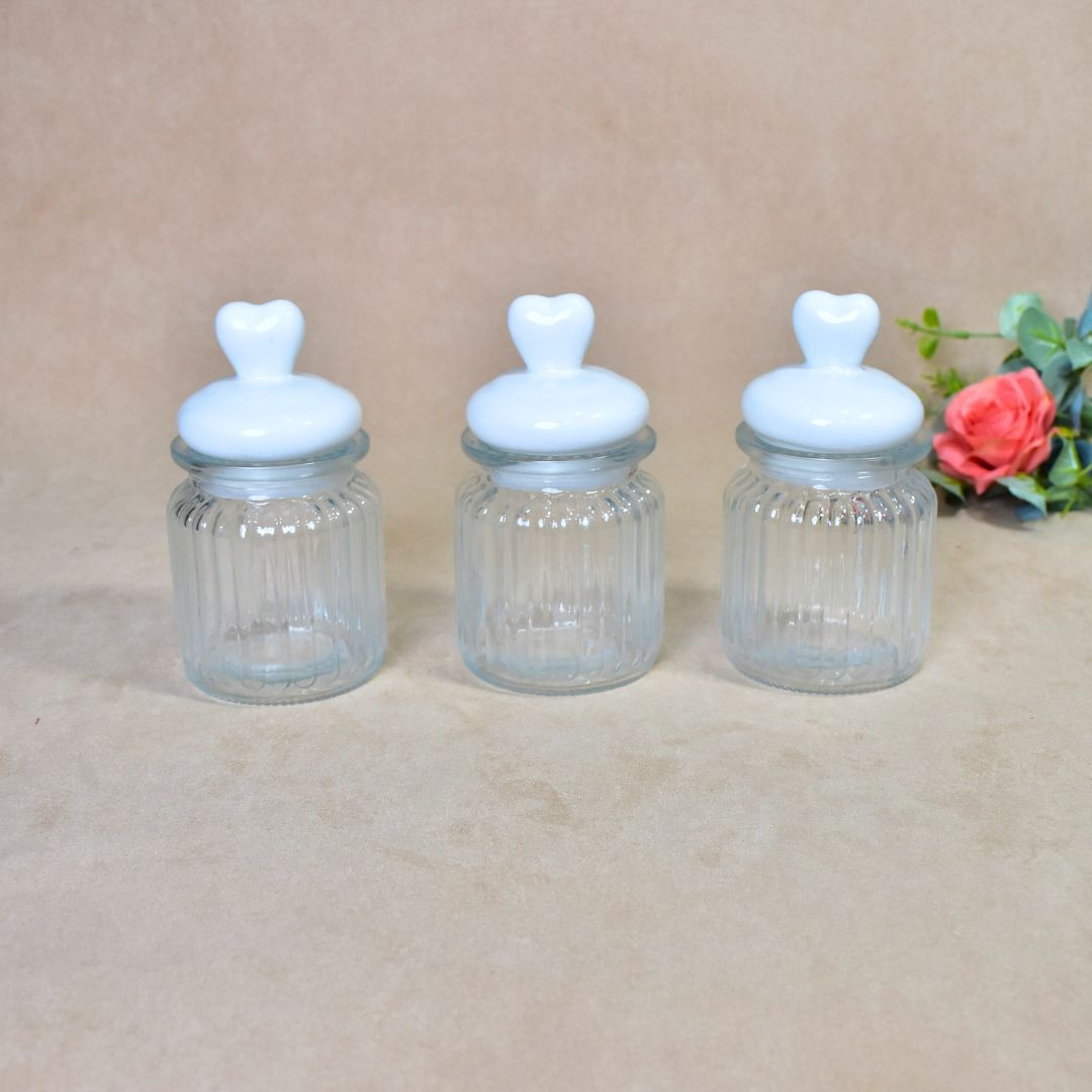 Ceramic Lid & Glass Jar With Heart Lid Set Of 3