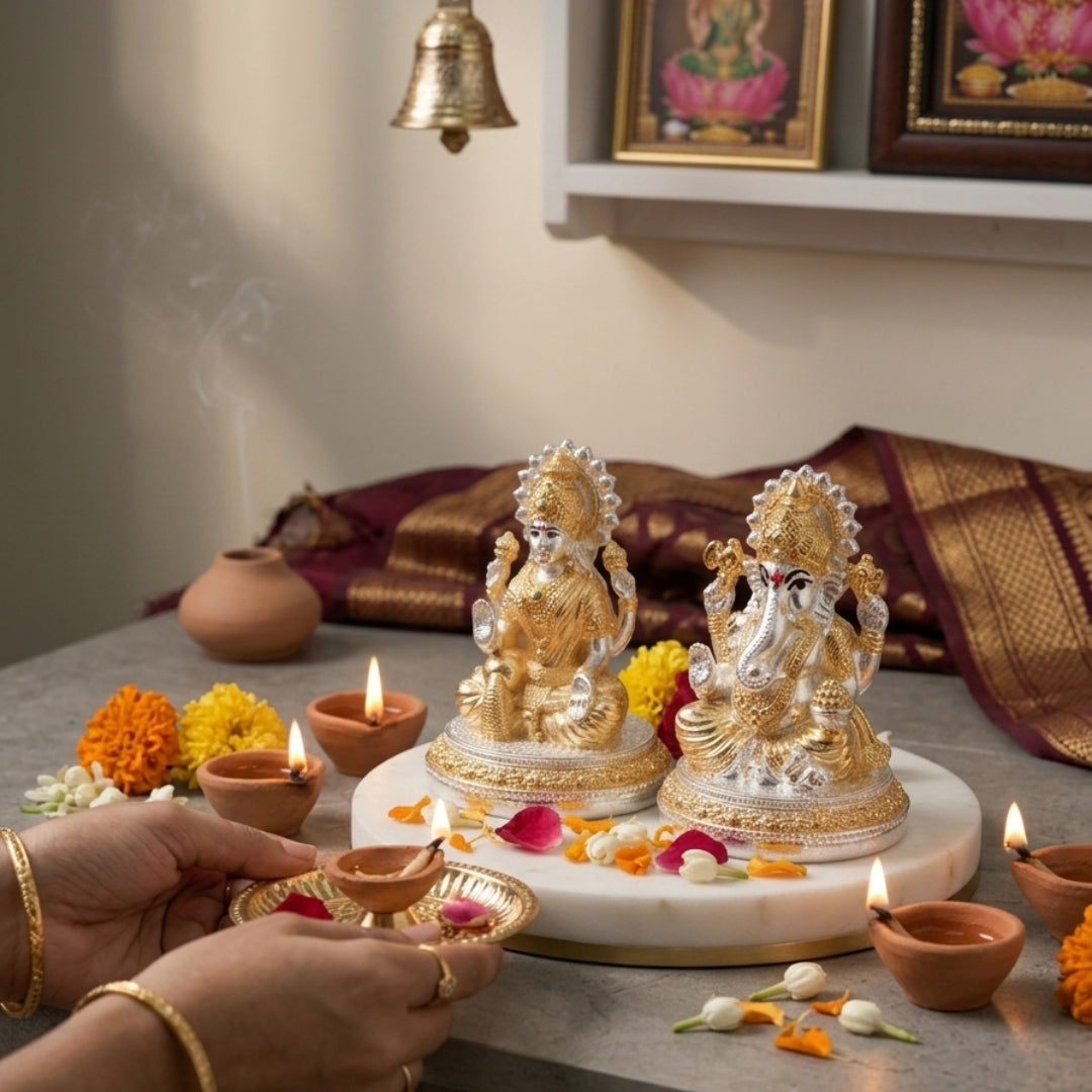The Home Co- 999 Pure Silver & 24K Gold Plated Lakshmi & Ganesha Fiber Idols(small gold & silver)(small)