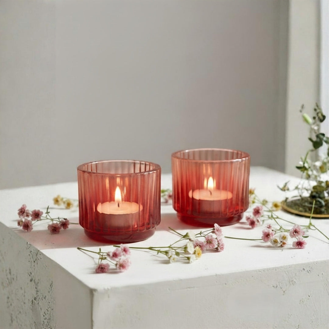 Set of 2 Red/Peach Ribbed Glass Tea Light Holders