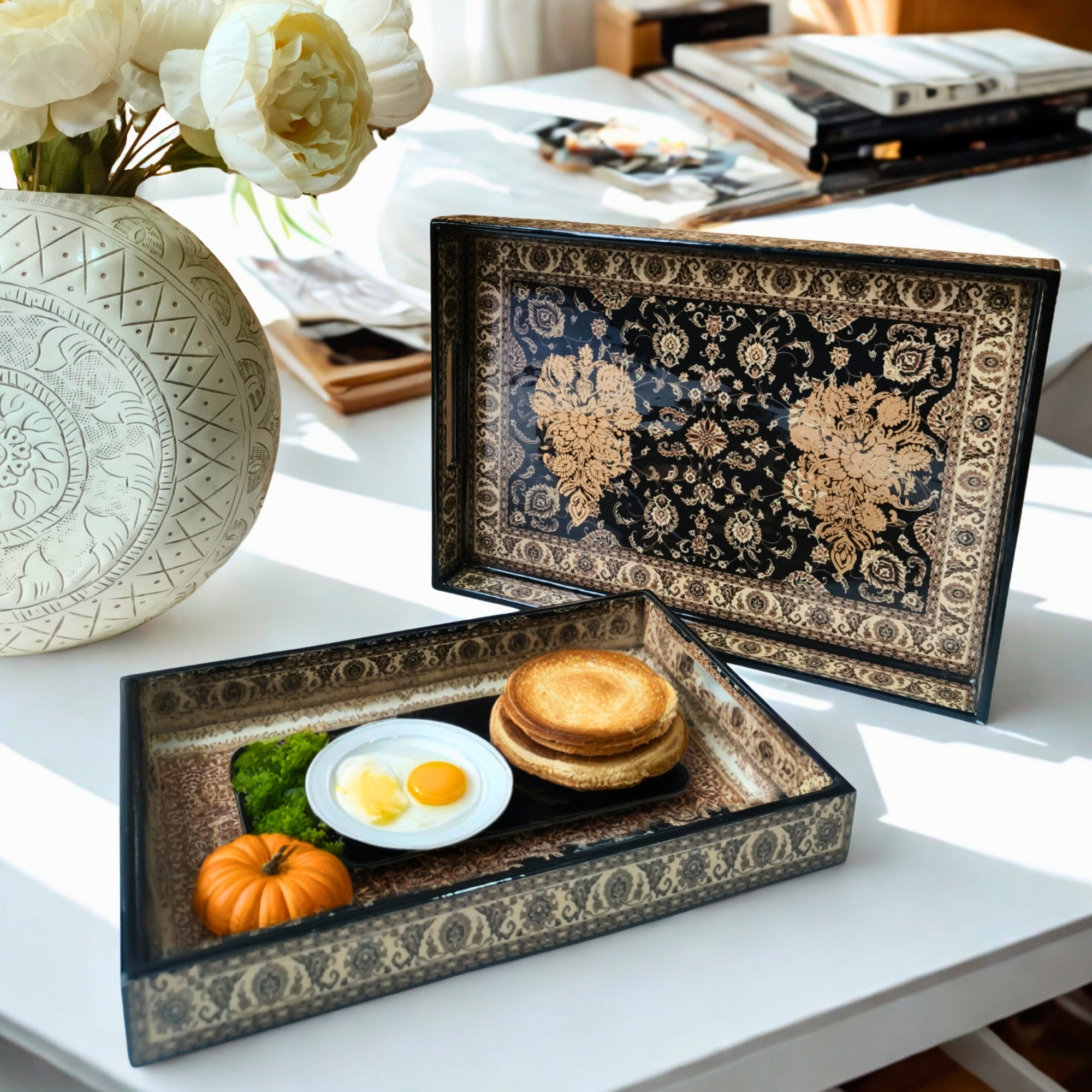 Wooden Black Turkey print & Enamel Tray set of 2