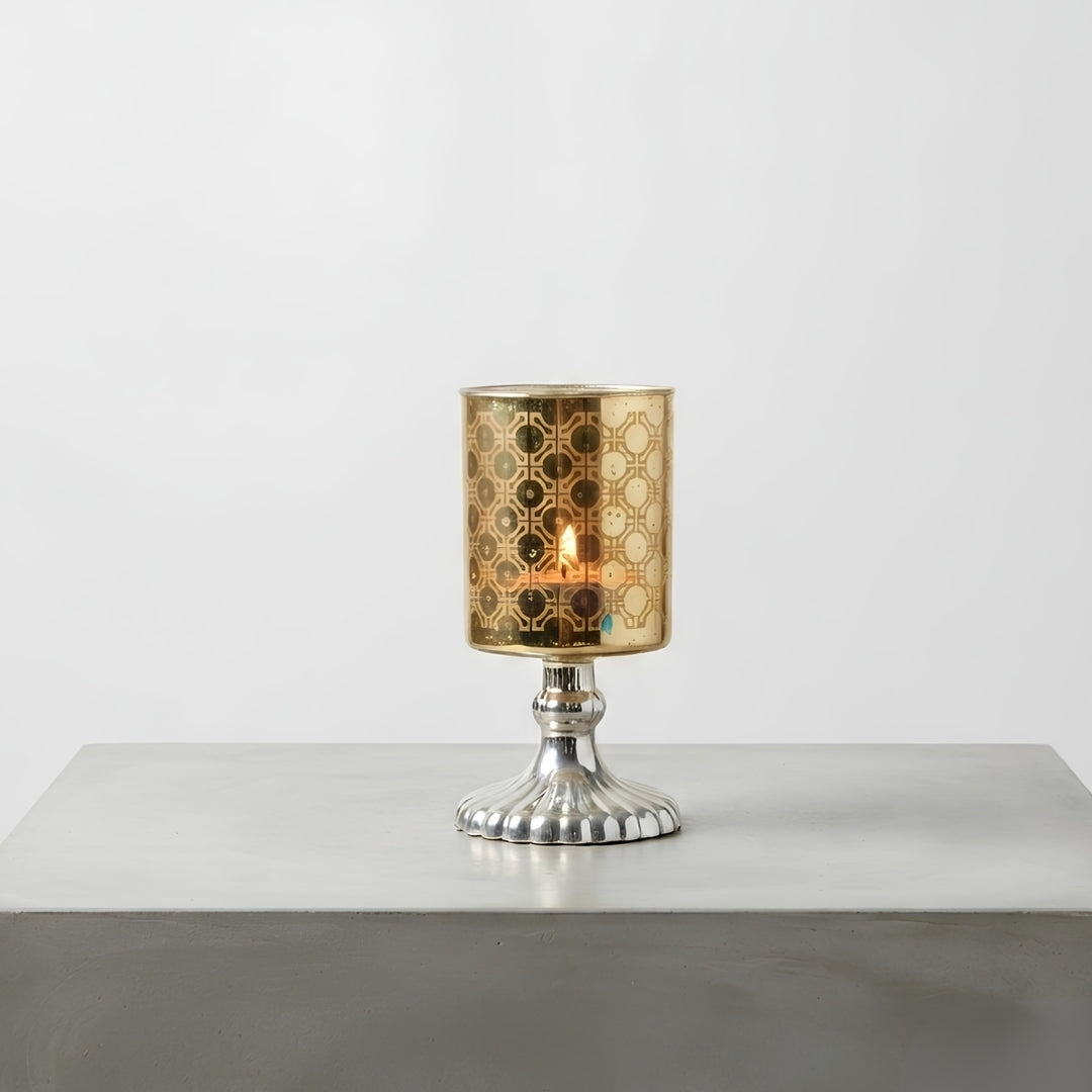 Set of 2 gold Mosaic Etched Glass Pedestal Tea Light Holders