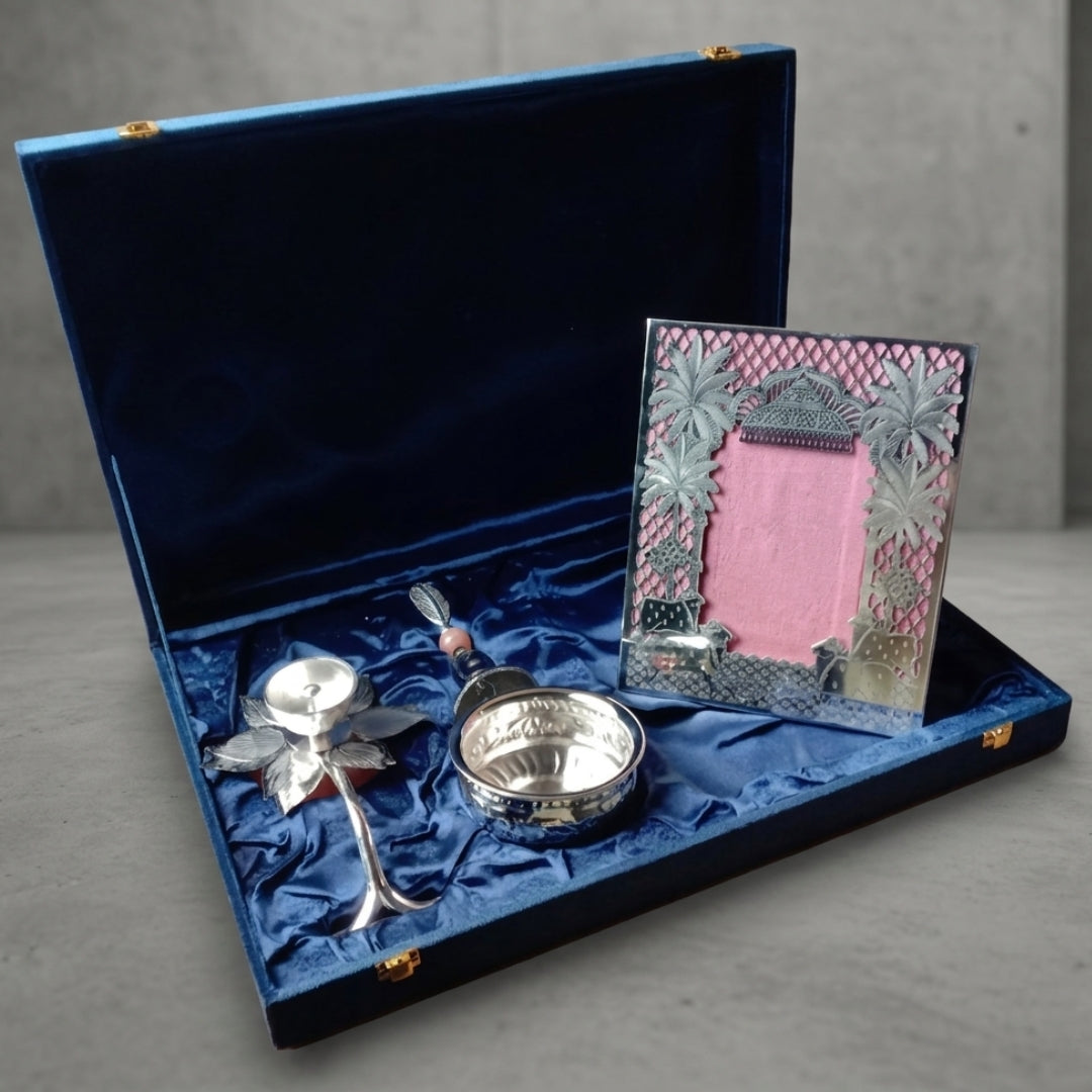 Silver Plated Lacquered Gift Set | Photo Frame, Diya, Ghanti & 4" Urli | Premium Puja Combo