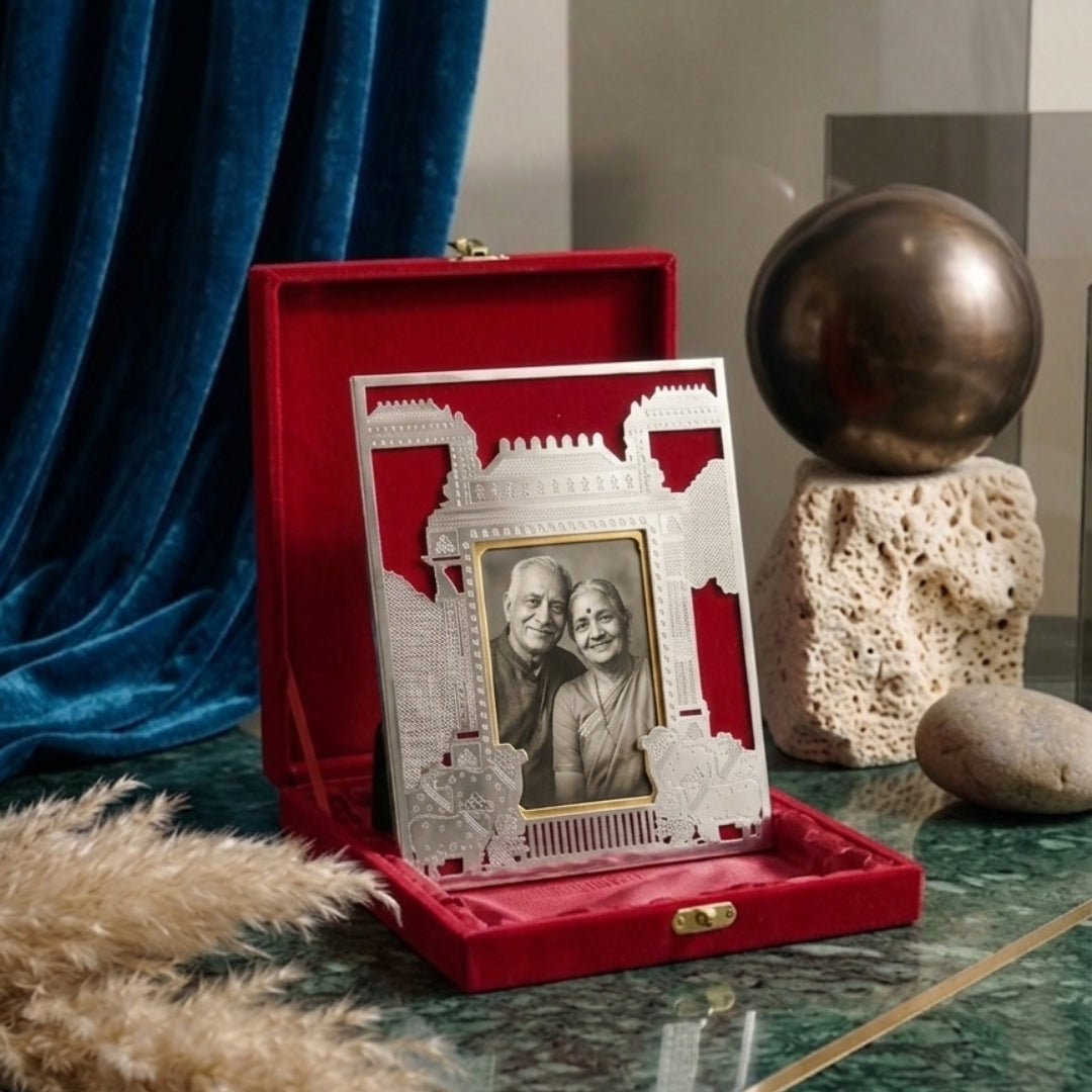 Silver Plated Pichwai Kamdhenu Cow Photo Frame (Red Velvet Gift Box)