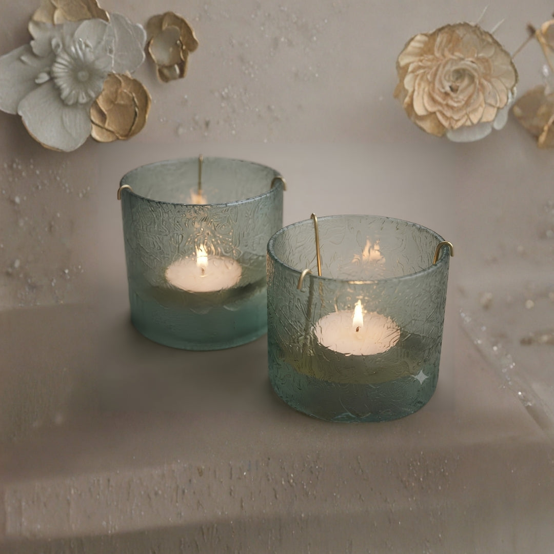 Set of 2 lightBlue Glass Votives with Internal Metal Tea Light Holders