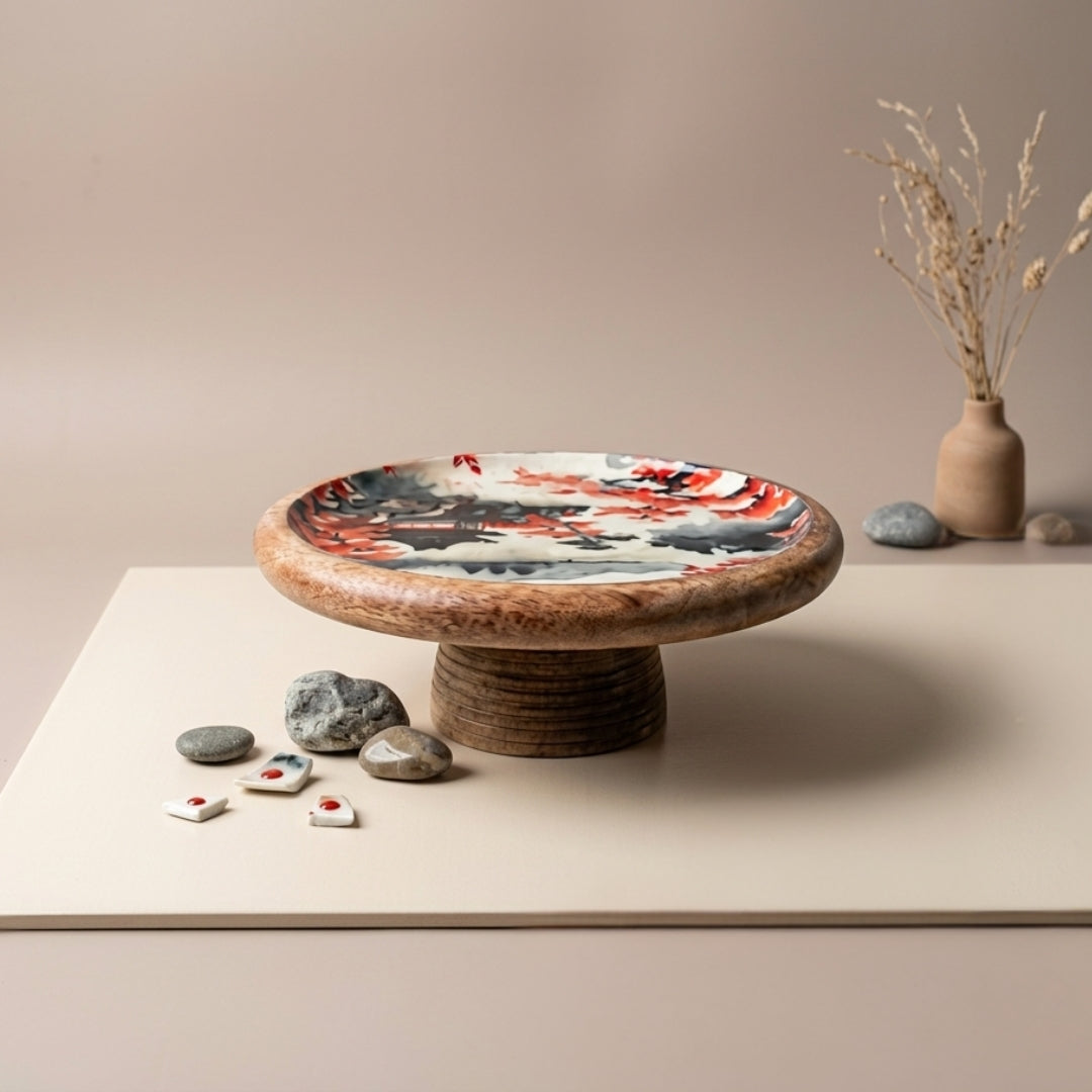 Japanese Art Print Enamel & Wooden Cake Stand