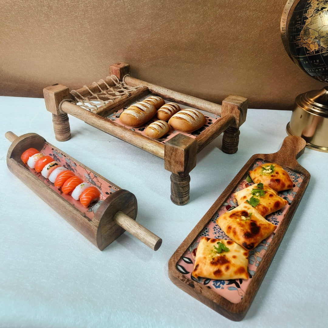 peach flower print & enameled Wooden Khatiya Platter Set of 3 - khatiya platter , belan platter , bat platter