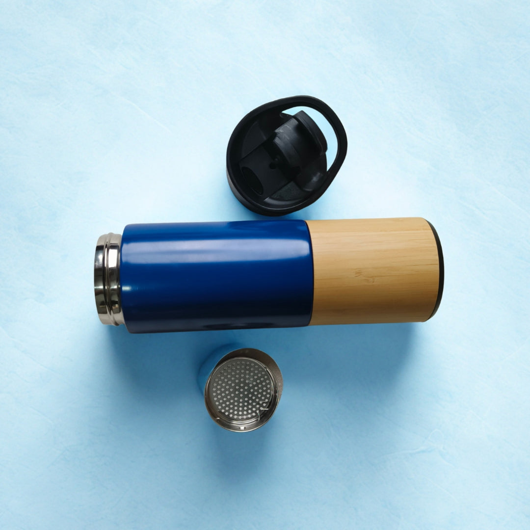 Blue Stainless Steel Sipper With Bamboo Base