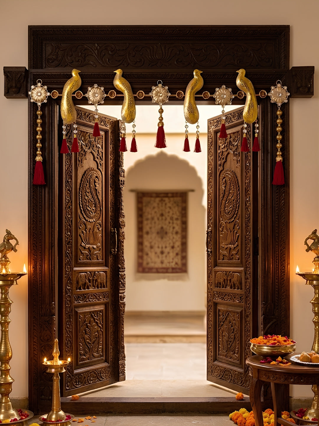 metal gold finish peaock design with gold balls hanging toran