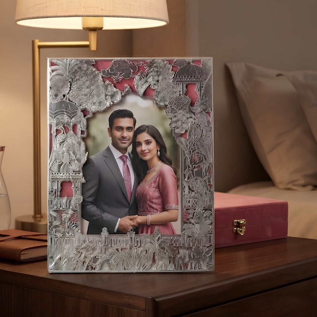 Silver Plated Ornate Designer Photo Frame with Pink Velvet Gift Box
