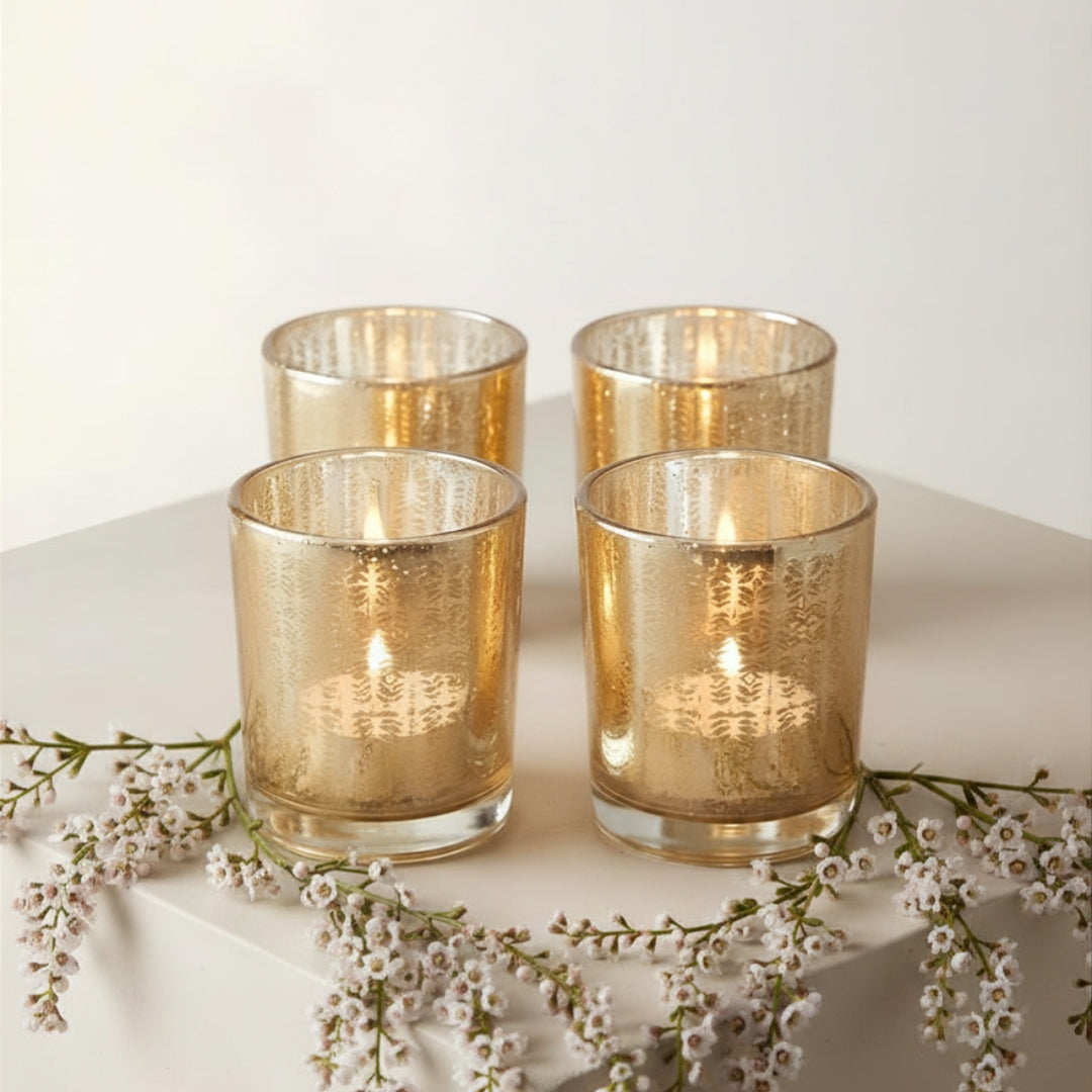 Set of 4 Yellow Glass Votive Candleholders with Delicate Leaf Etching