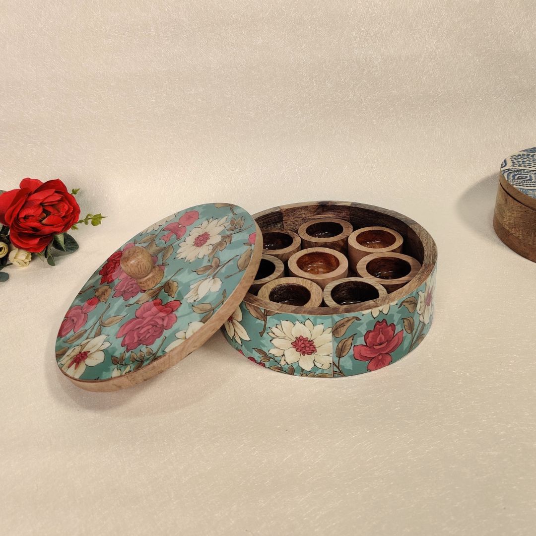 Wooden Blue With Red Flower Print & Enamel Masala Box
