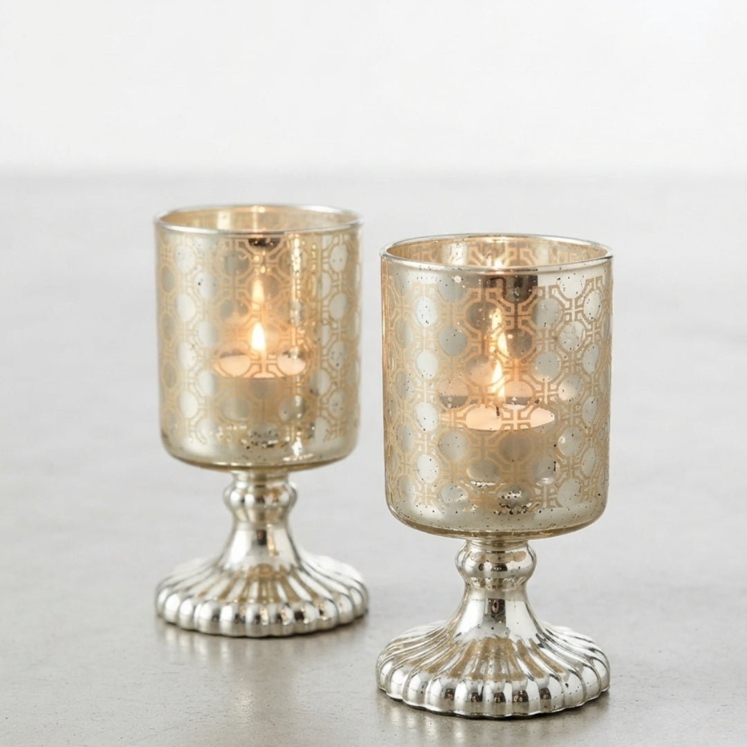 Set of 2 silver Mosaic Etched Glass Pedestal Tea Light Holders