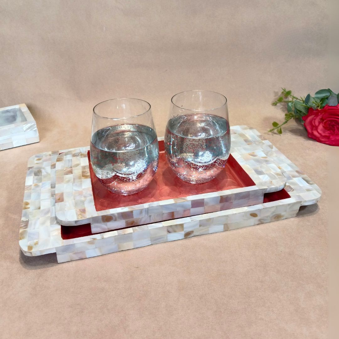 Rectangle Tray Set Of 2 - Wooden with White mother of pearl & Peach enamel