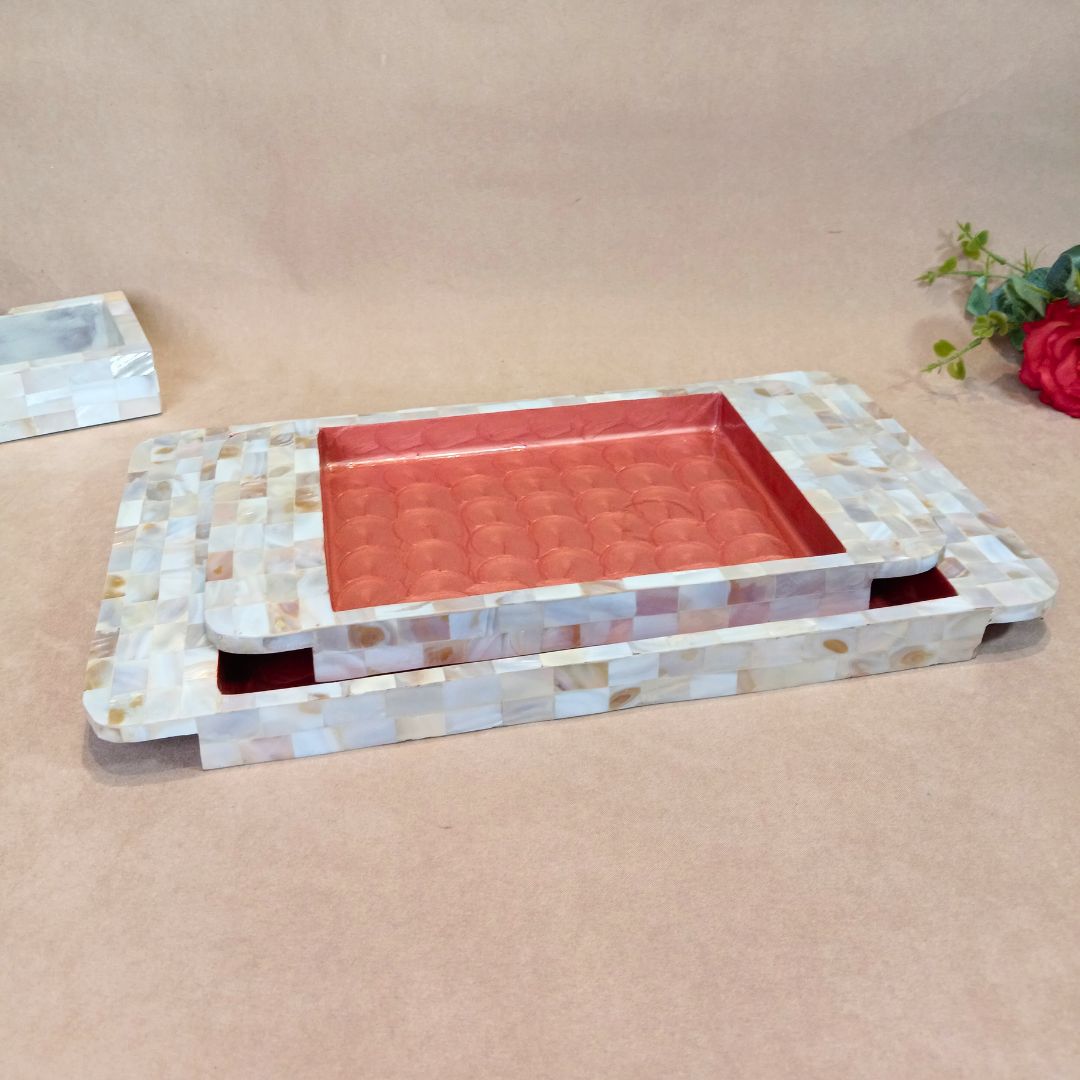 Rectangle Tray Set Of 2 - Wooden with White mother of pearl & Peach enamel