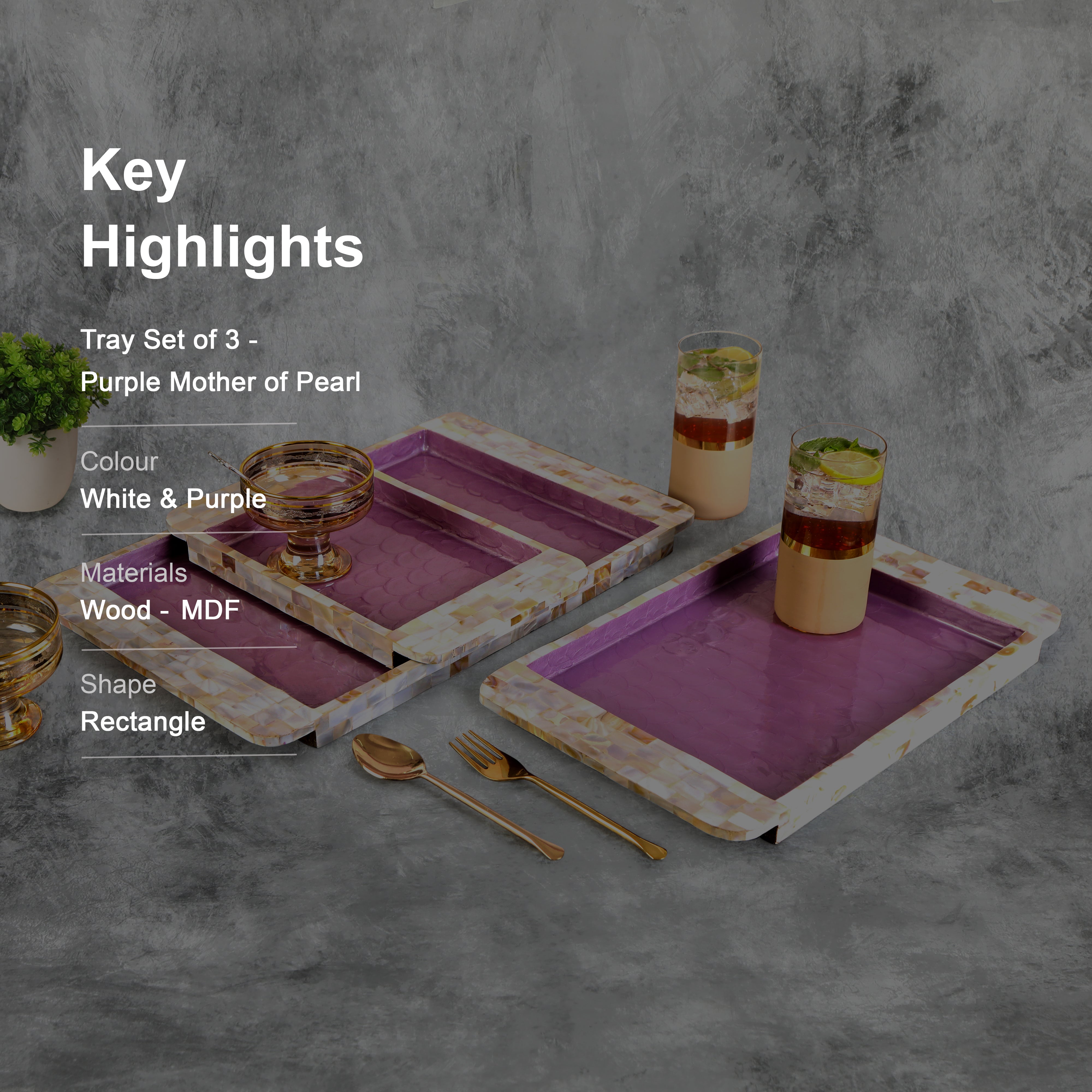 Tray Set of 3 - Purple Mother Of Pearl