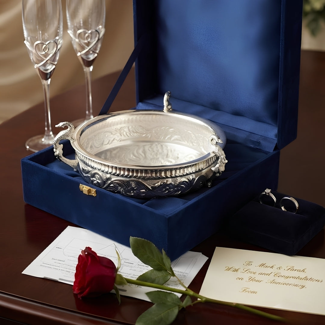 Peacock-Foot Silver urli / bowl in Velvet Box