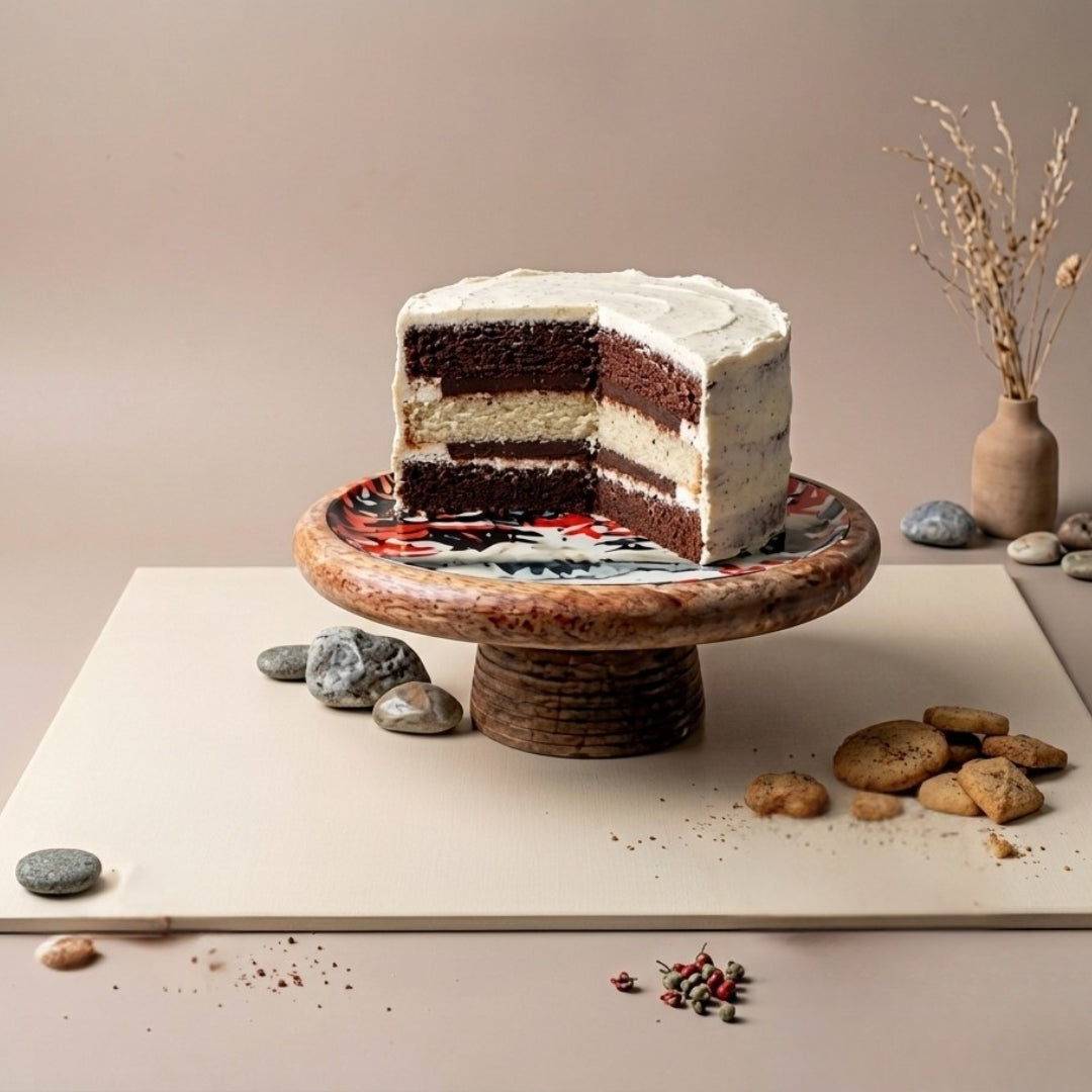 Japanese Art Print Enamel & Wooden Cake Stand