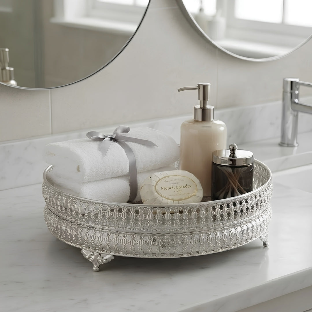 Decorative Silver Round Filigree Tray with Beaded Edges and Ornate Feet