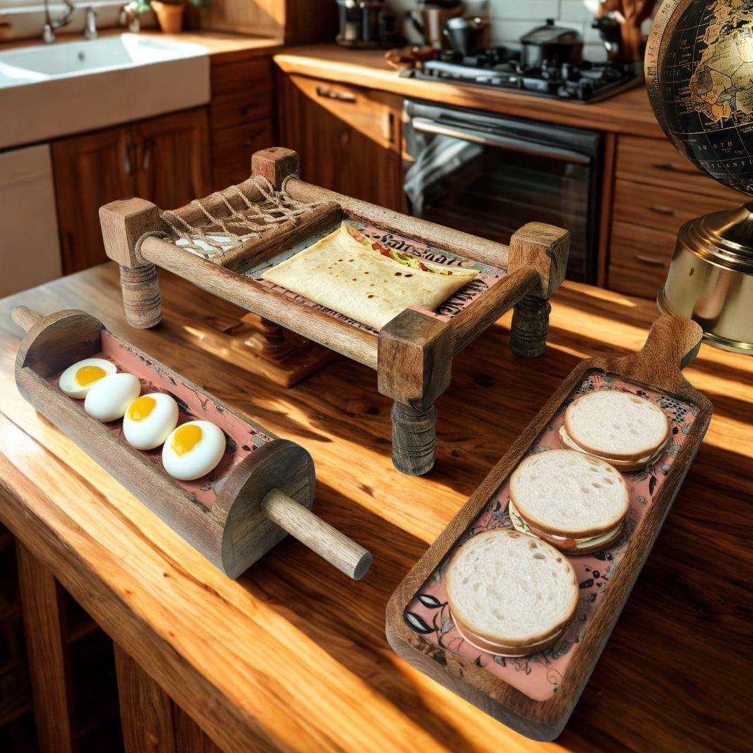 peach flower print & enameled Wooden Khatiya Platter Set of 3 - khatiya platter , belan platter , bat platter
