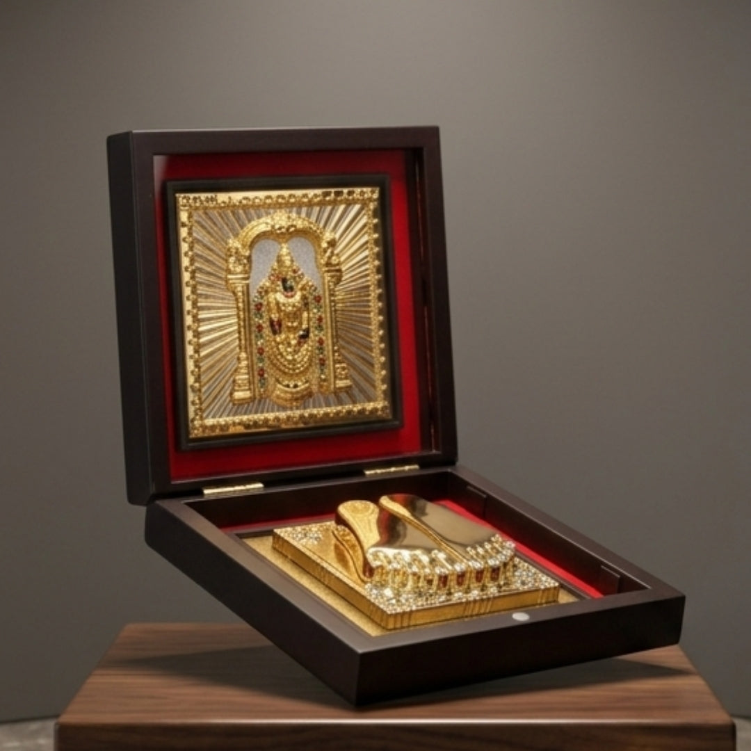 999 Pure Silver & 24k Gold Plated Balaji Charan Paduka Pooja Box | Tirupati Venkateswara Puja Box