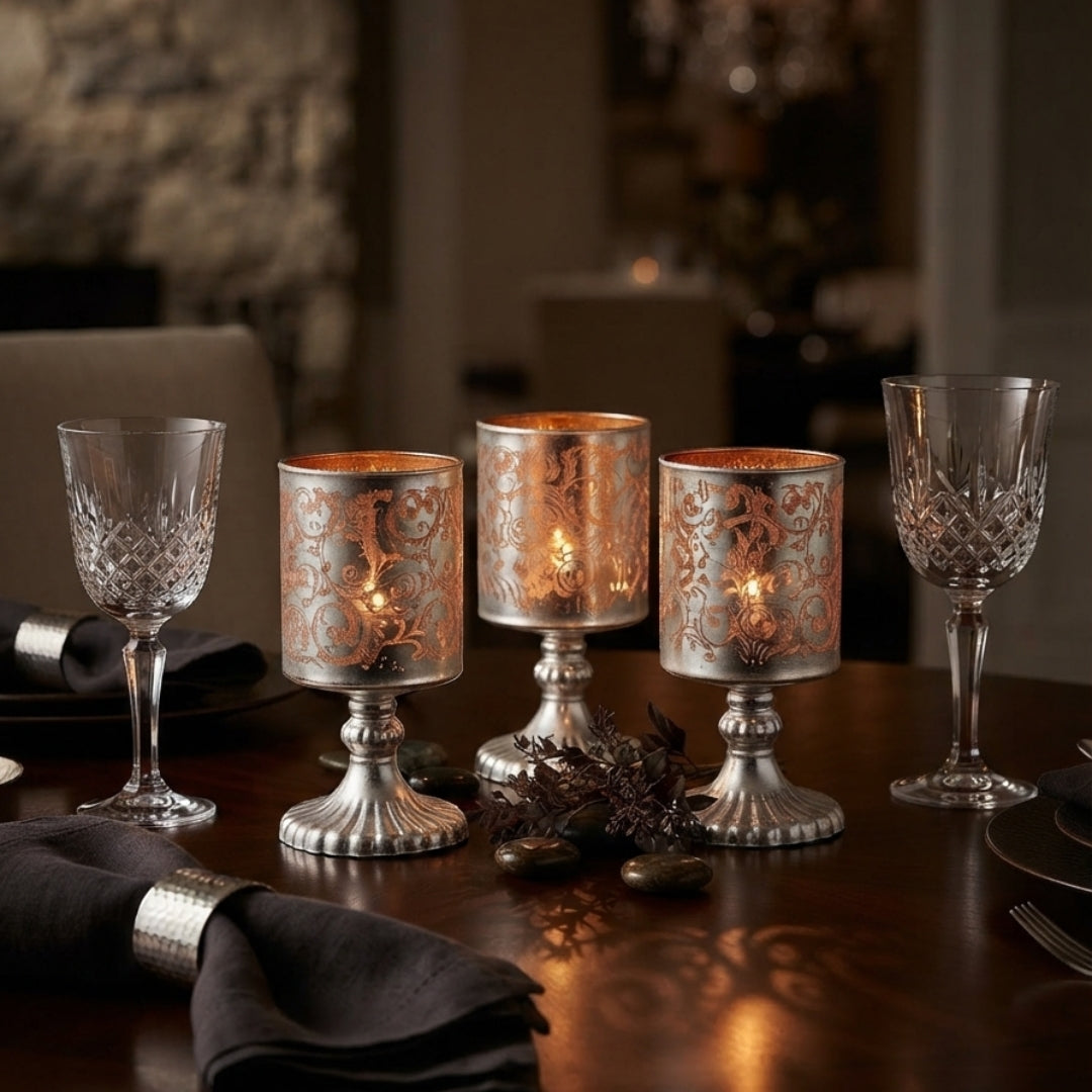 Set of 3 Yellow Etched Glass Pedestal Tea Light Holders