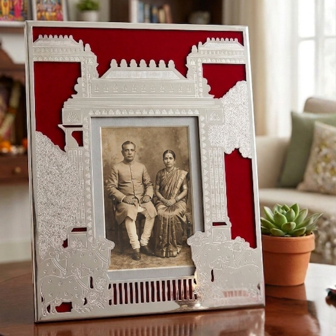 Silver Plated Pichwai Kamdhenu Cow Photo Frame (Red Velvet Gift Box)