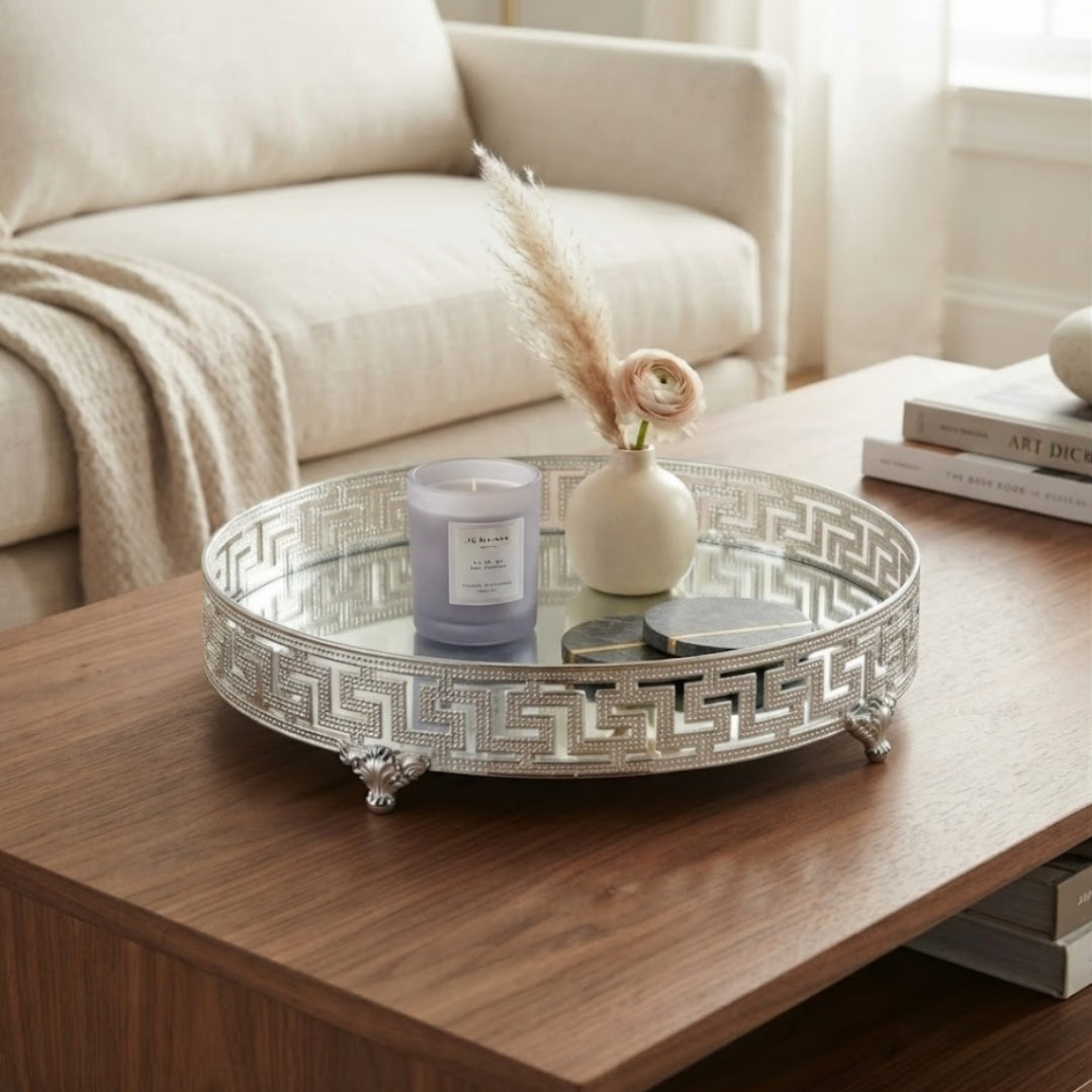 Silver Mirrored Decorative Round Tray with Greek Key Pattern - LARGE 12"