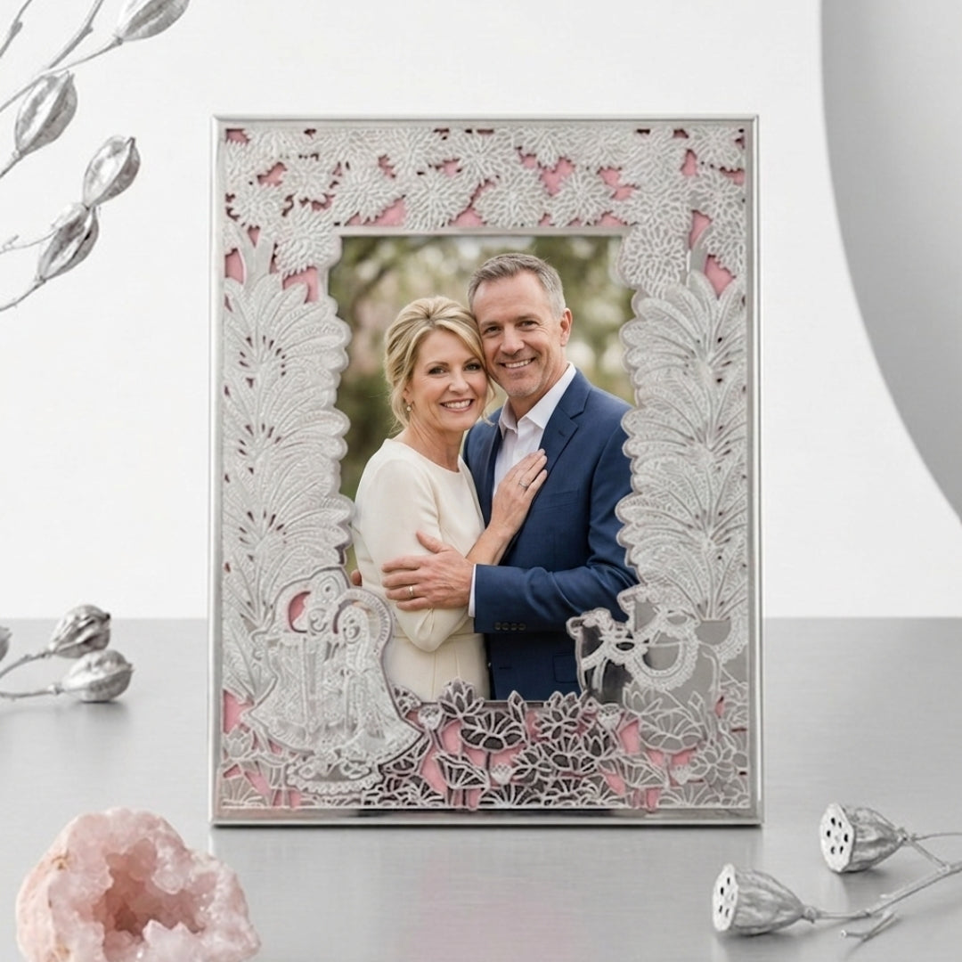 Silver Plated Raas Leela Radha Krishna Photo Frame (Pink Velvet Box)