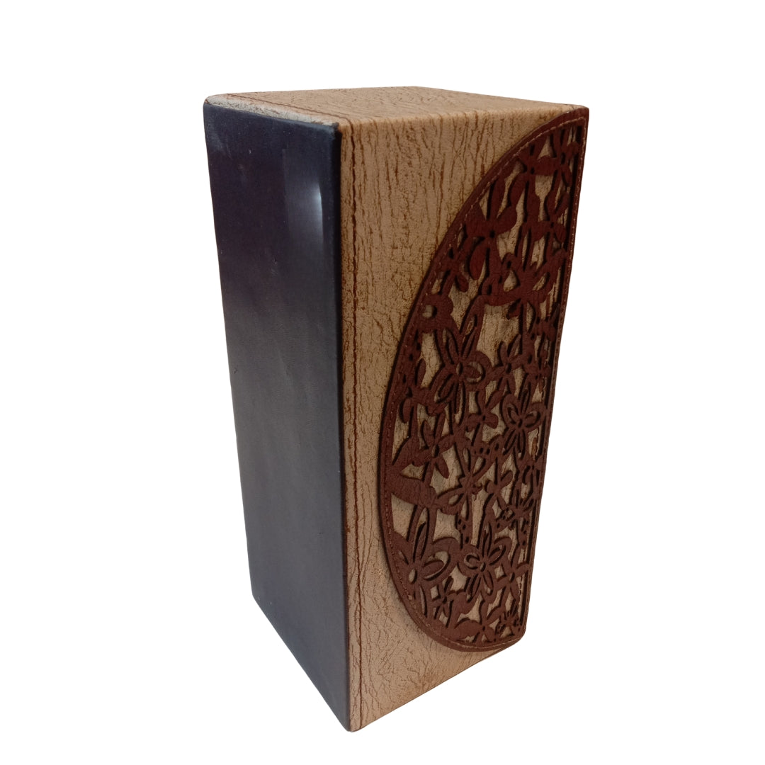 Wooden base with brown leatherette lazar cut