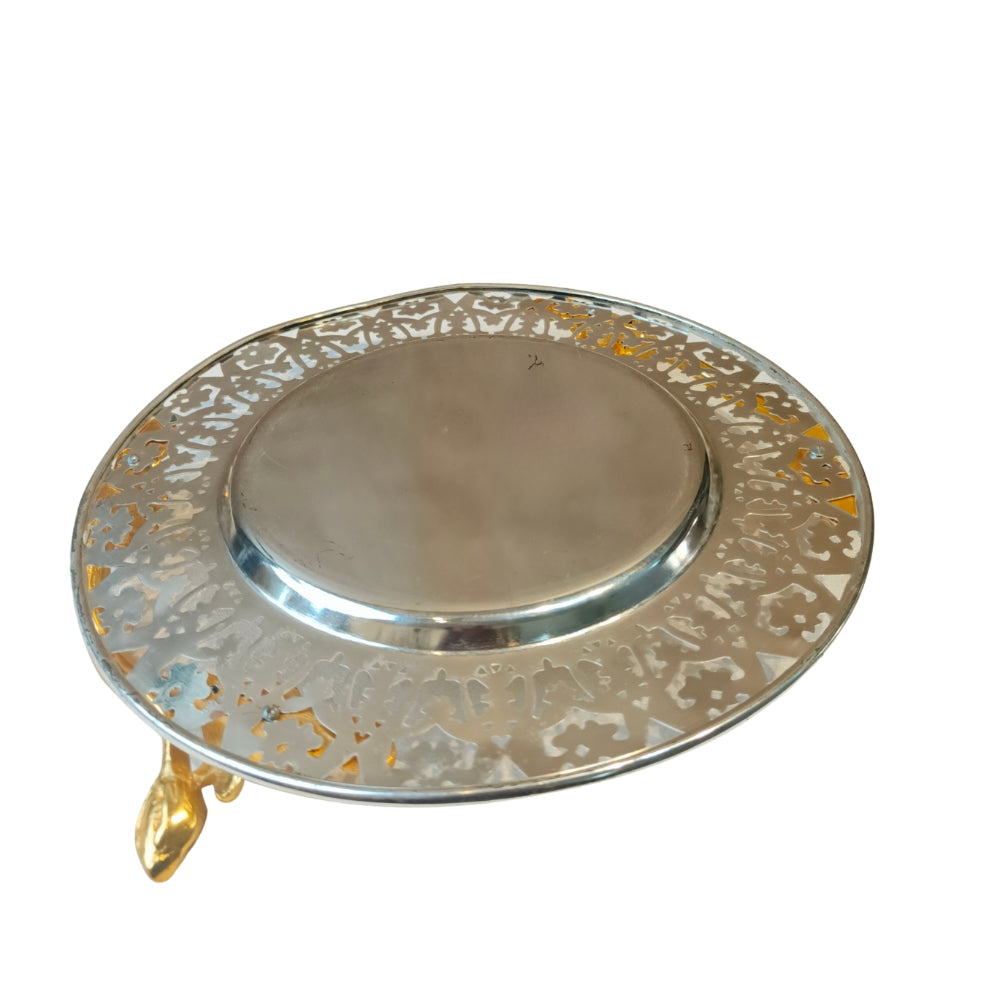 Brass metal silver plated round cutwork tray with metal handle small
