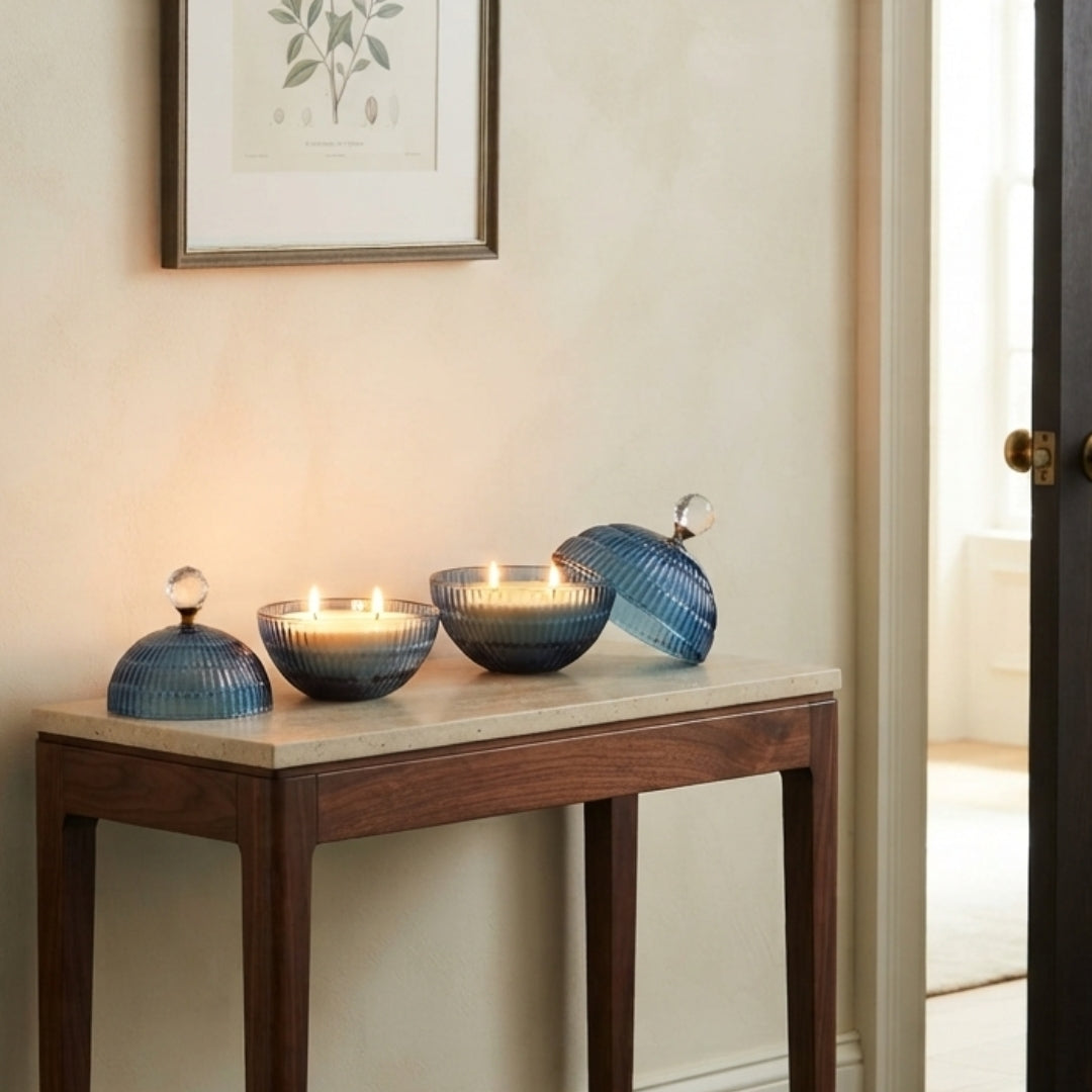 Set of 2 Blue Glass Ball-Shaped Scented Candles with Decorative Bow Lids